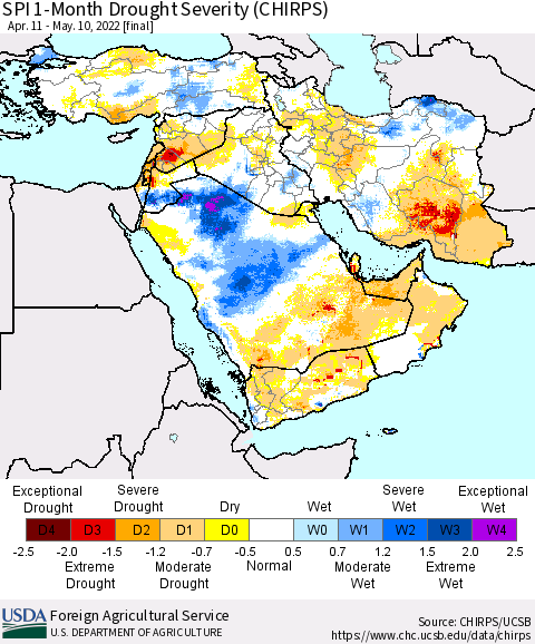 Middle East and Turkey SPI 1-Month Drought Severity (CHIRPS) Thematic Map For 4/11/2022 - 5/10/2022