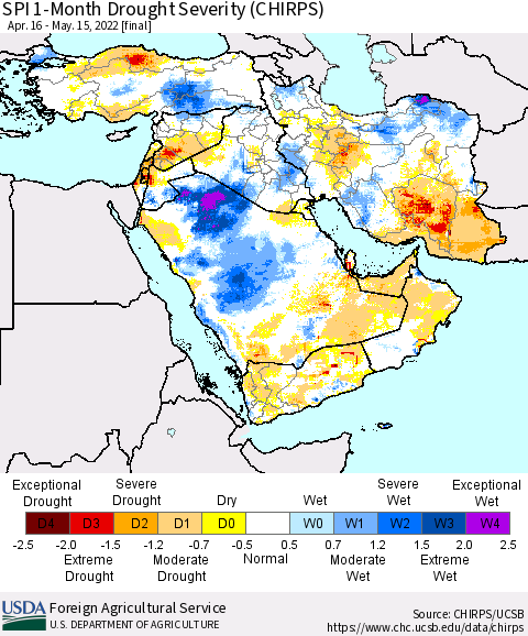 Middle East and Turkey SPI 1-Month Drought Severity (CHIRPS) Thematic Map For 4/16/2022 - 5/15/2022