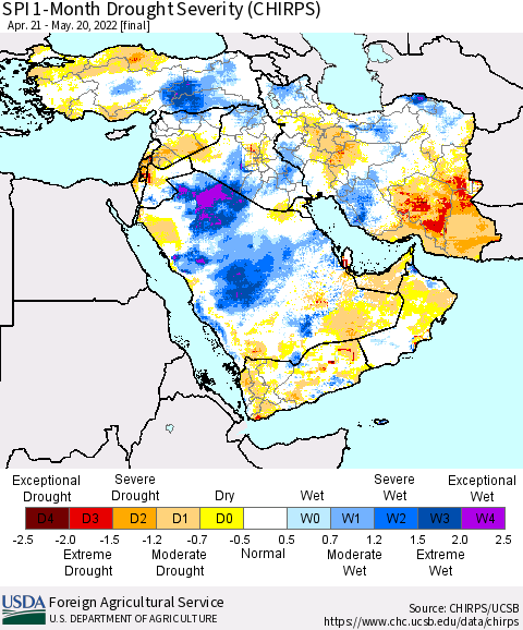 Middle East and Turkey SPI 1-Month Drought Severity (CHIRPS) Thematic Map For 4/21/2022 - 5/20/2022