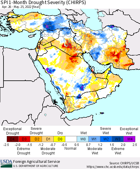 Middle East and Turkey SPI 1-Month Drought Severity (CHIRPS) Thematic Map For 4/26/2022 - 5/25/2022
