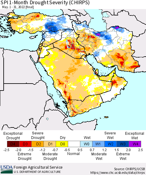 Middle East and Turkey SPI 1-Month Drought Severity (CHIRPS) Thematic Map For 5/1/2022 - 5/31/2022