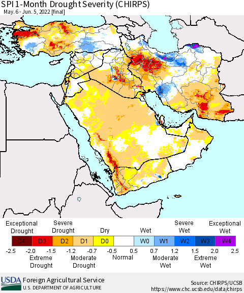 Middle East and Turkey SPI 1-Month Drought Severity (CHIRPS) Thematic Map For 5/6/2022 - 6/5/2022