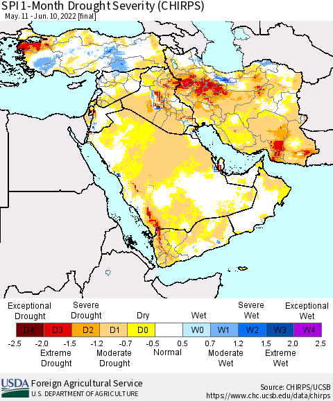 Middle East and Turkey SPI 1-Month Drought Severity (CHIRPS) Thematic Map For 5/11/2022 - 6/10/2022