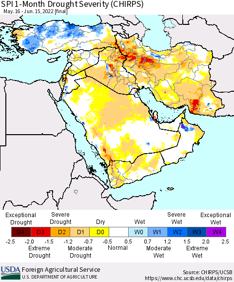 Middle East and Turkey SPI 1-Month Drought Severity (CHIRPS) Thematic Map For 5/16/2022 - 6/15/2022