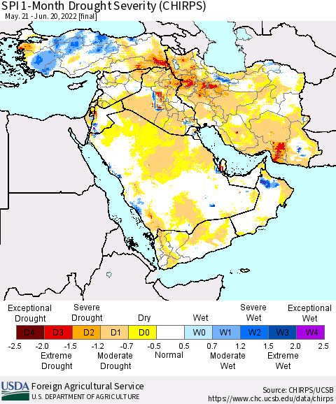 Middle East and Turkey SPI 1-Month Drought Severity (CHIRPS) Thematic Map For 5/21/2022 - 6/20/2022