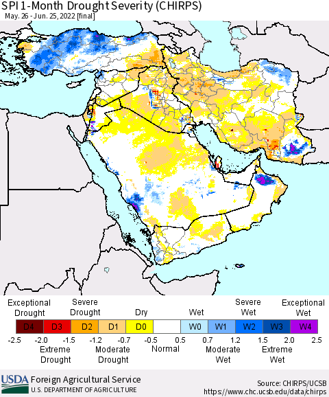 Middle East and Turkey SPI 1-Month Drought Severity (CHIRPS) Thematic Map For 5/26/2022 - 6/25/2022