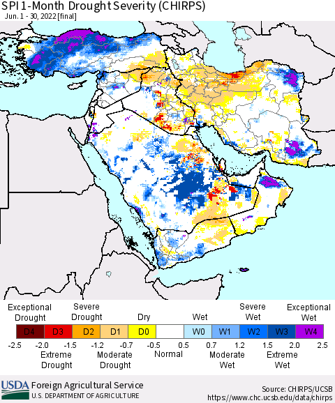 Middle East and Turkey SPI 1-Month Drought Severity (CHIRPS) Thematic Map For 6/1/2022 - 6/30/2022