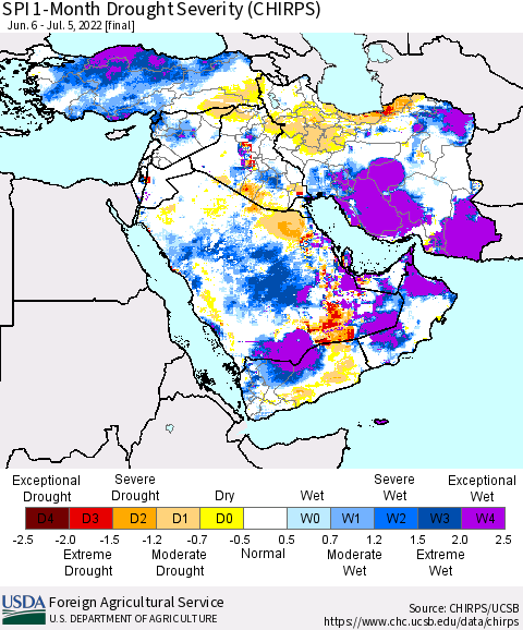 Middle East and Turkey SPI 1-Month Drought Severity (CHIRPS) Thematic Map For 6/6/2022 - 7/5/2022