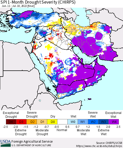 Middle East and Turkey SPI 1-Month Drought Severity (CHIRPS) Thematic Map For 6/11/2022 - 7/10/2022