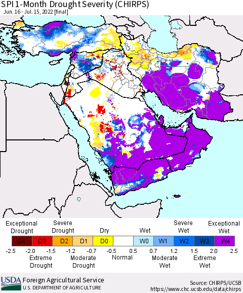 Middle East and Turkey SPI 1-Month Drought Severity (CHIRPS) Thematic Map For 6/16/2022 - 7/15/2022