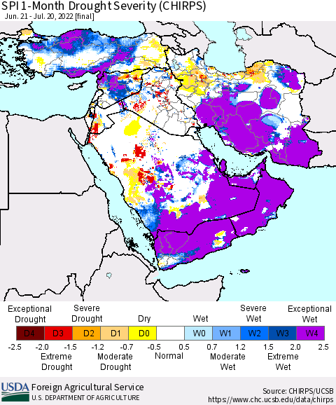 Middle East and Turkey SPI 1-Month Drought Severity (CHIRPS) Thematic Map For 6/21/2022 - 7/20/2022