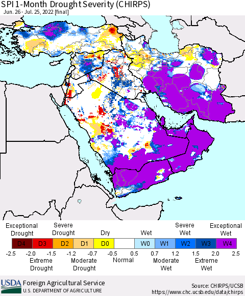 Middle East and Turkey SPI 1-Month Drought Severity (CHIRPS) Thematic Map For 6/26/2022 - 7/25/2022