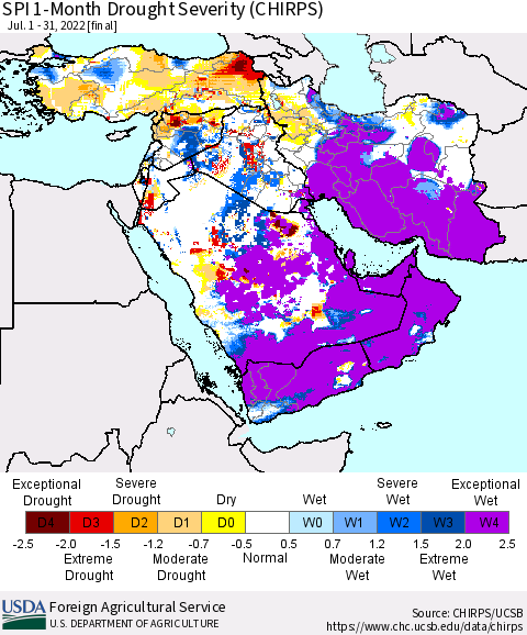 Middle East and Turkey SPI 1-Month Drought Severity (CHIRPS) Thematic Map For 7/1/2022 - 7/31/2022