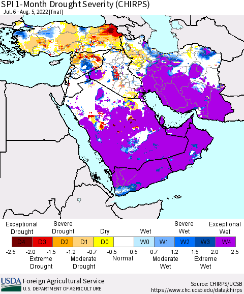 Middle East and Turkey SPI 1-Month Drought Severity (CHIRPS) Thematic Map For 7/6/2022 - 8/5/2022