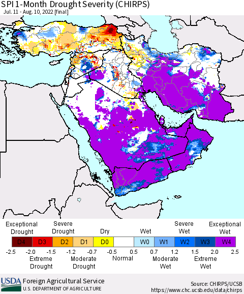Middle East and Turkey SPI 1-Month Drought Severity (CHIRPS) Thematic Map For 7/11/2022 - 8/10/2022