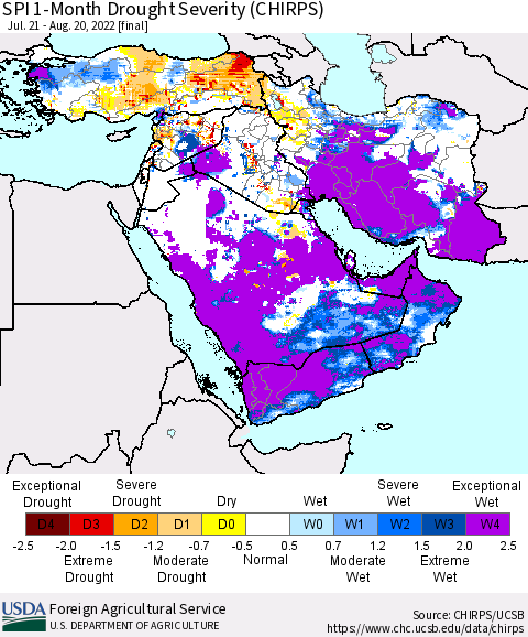 Middle East and Turkey SPI 1-Month Drought Severity (CHIRPS) Thematic Map For 7/21/2022 - 8/20/2022
