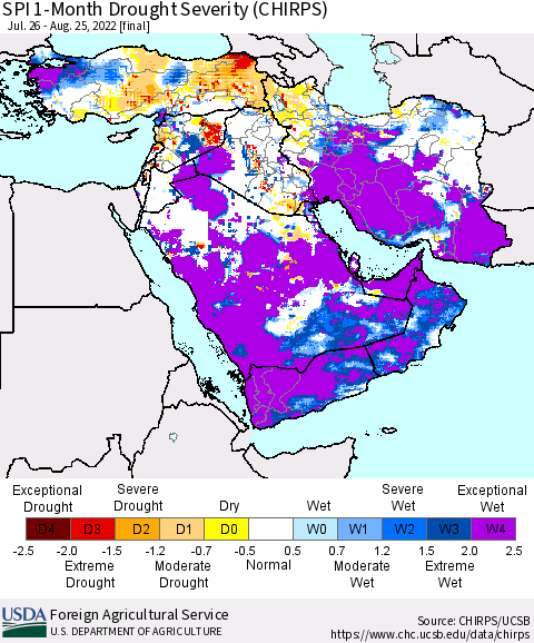 Middle East and Turkey SPI 1-Month Drought Severity (CHIRPS) Thematic Map For 7/26/2022 - 8/25/2022