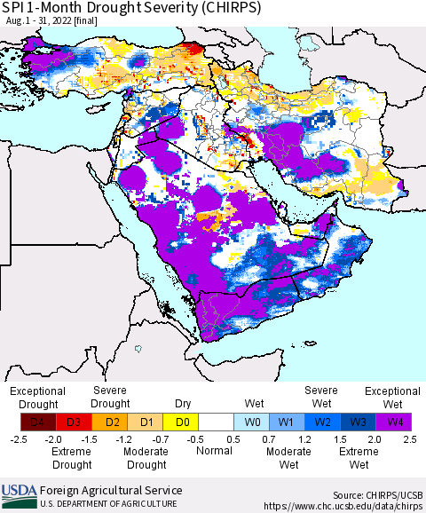 Middle East and Turkey SPI 1-Month Drought Severity (CHIRPS) Thematic Map For 8/1/2022 - 8/31/2022