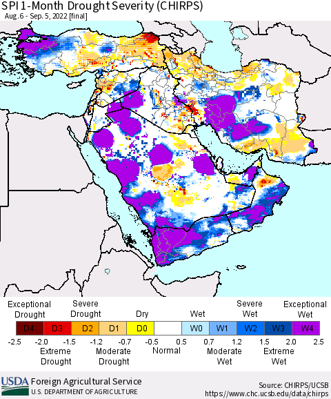 Middle East and Turkey SPI 1-Month Drought Severity (CHIRPS) Thematic Map For 8/6/2022 - 9/5/2022