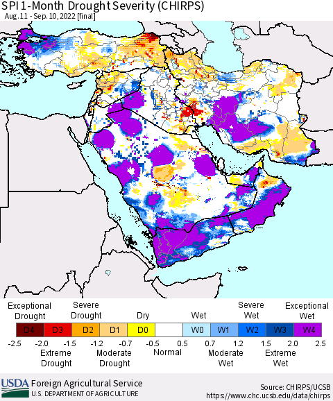 Middle East and Turkey SPI 1-Month Drought Severity (CHIRPS) Thematic Map For 8/11/2022 - 9/10/2022