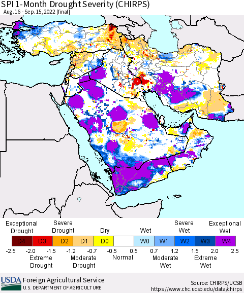 Middle East and Turkey SPI 1-Month Drought Severity (CHIRPS) Thematic Map For 8/16/2022 - 9/15/2022