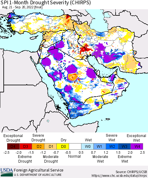Middle East and Turkey SPI 1-Month Drought Severity (CHIRPS) Thematic Map For 8/21/2022 - 9/20/2022