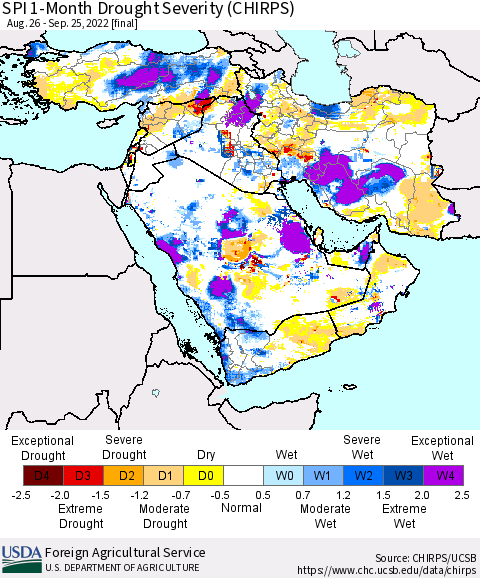 Middle East and Turkey SPI 1-Month Drought Severity (CHIRPS) Thematic Map For 8/26/2022 - 9/25/2022