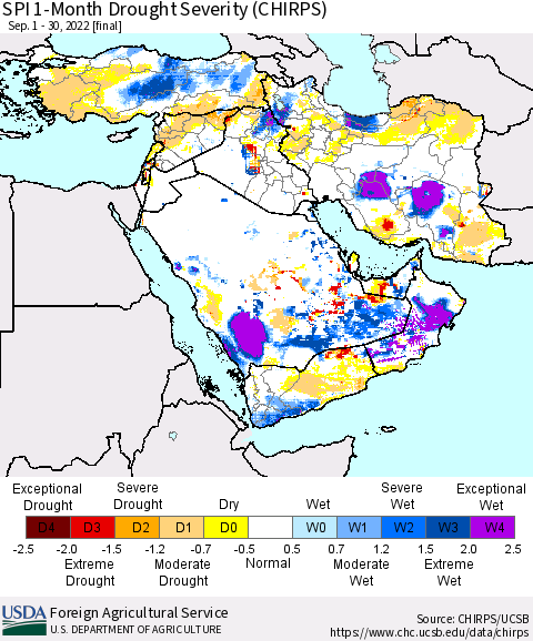 Middle East and Turkey SPI 1-Month Drought Severity (CHIRPS) Thematic Map For 9/1/2022 - 9/30/2022