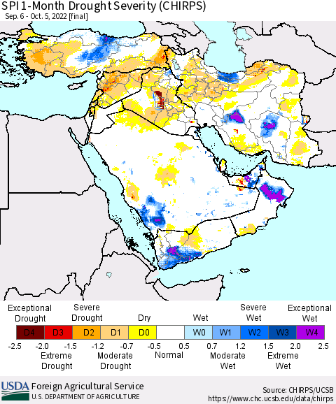 Middle East and Turkey SPI 1-Month Drought Severity (CHIRPS) Thematic Map For 9/6/2022 - 10/5/2022