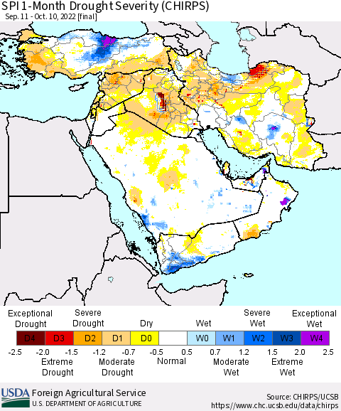 Middle East and Turkey SPI 1-Month Drought Severity (CHIRPS) Thematic Map For 9/11/2022 - 10/10/2022