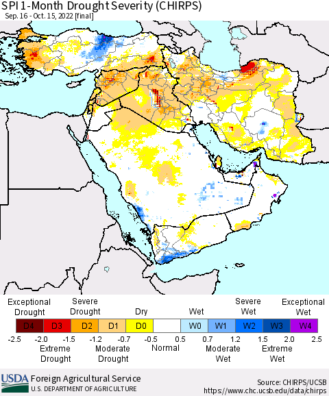 Middle East and Turkey SPI 1-Month Drought Severity (CHIRPS) Thematic Map For 9/16/2022 - 10/15/2022