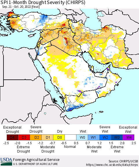 Middle East and Turkey SPI 1-Month Drought Severity (CHIRPS) Thematic Map For 9/21/2022 - 10/20/2022
