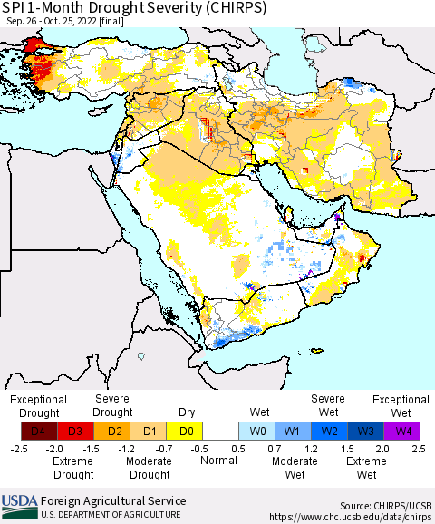 Middle East and Turkey SPI 1-Month Drought Severity (CHIRPS) Thematic Map For 9/26/2022 - 10/25/2022