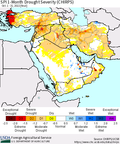 Middle East and Turkey SPI 1-Month Drought Severity (CHIRPS) Thematic Map For 10/1/2022 - 10/31/2022