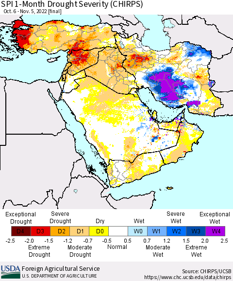Middle East and Turkey SPI 1-Month Drought Severity (CHIRPS) Thematic Map For 10/6/2022 - 11/5/2022
