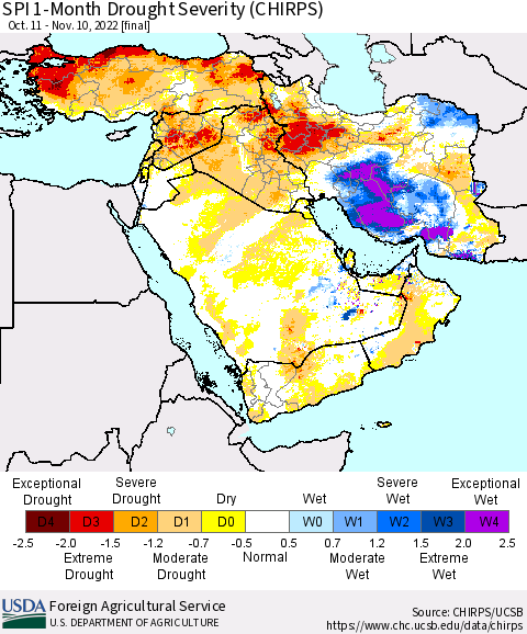 Middle East and Turkey SPI 1-Month Drought Severity (CHIRPS) Thematic Map For 10/11/2022 - 11/10/2022