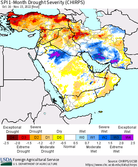 Middle East and Turkey SPI 1-Month Drought Severity (CHIRPS) Thematic Map For 10/16/2022 - 11/15/2022