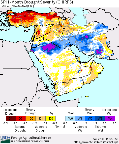 Middle East and Turkey SPI 1-Month Drought Severity (CHIRPS) Thematic Map For 10/21/2022 - 11/20/2022