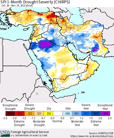 Middle East and Turkey SPI 1-Month Drought Severity (CHIRPS) Thematic Map For 10/26/2022 - 11/25/2022