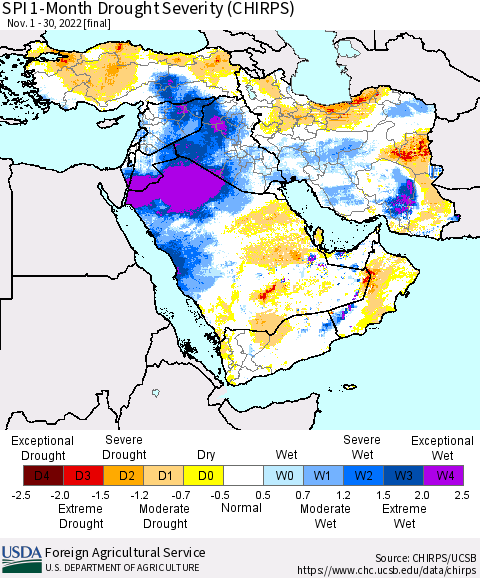 Middle East and Turkey SPI 1-Month Drought Severity (CHIRPS) Thematic Map For 11/1/2022 - 11/30/2022