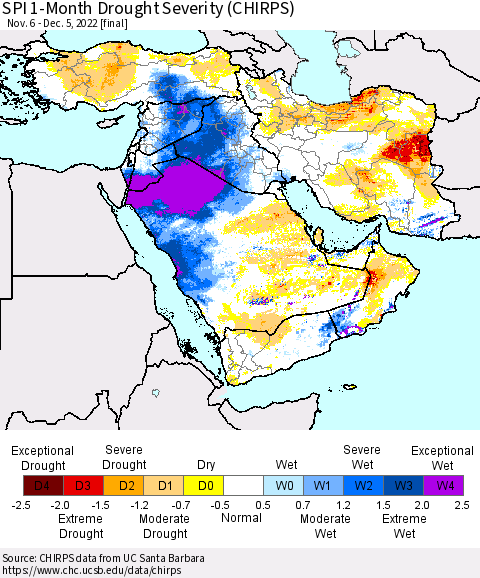 Middle East and Turkey SPI 1-Month Drought Severity (CHIRPS) Thematic Map For 11/6/2022 - 12/5/2022