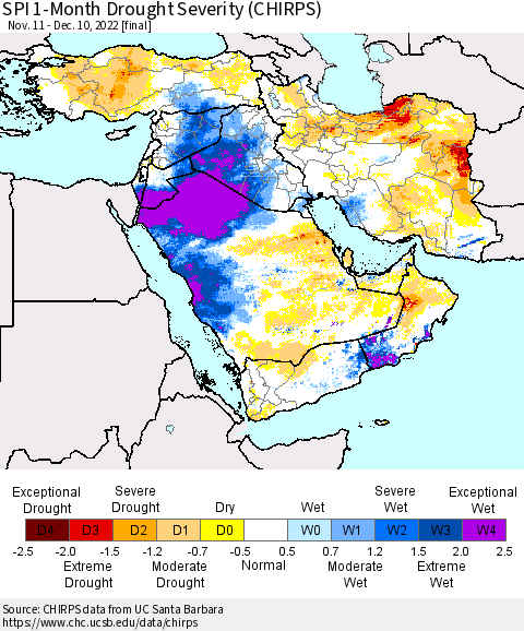 Middle East and Turkey SPI 1-Month Drought Severity (CHIRPS) Thematic Map For 11/11/2022 - 12/10/2022
