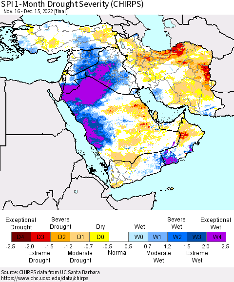 Middle East and Turkey SPI 1-Month Drought Severity (CHIRPS) Thematic Map For 11/16/2022 - 12/15/2022