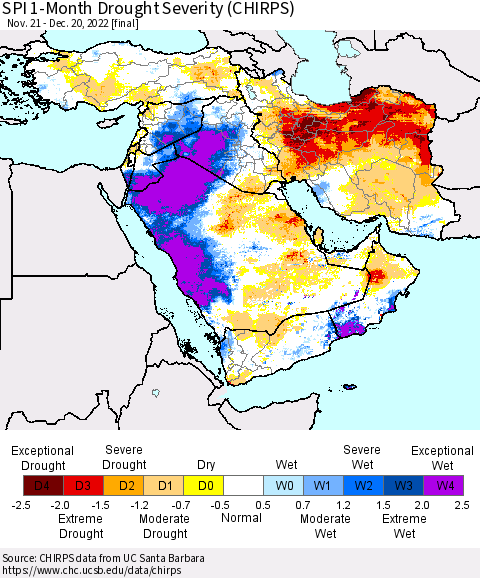Middle East and Turkey SPI 1-Month Drought Severity (CHIRPS) Thematic Map For 11/21/2022 - 12/20/2022