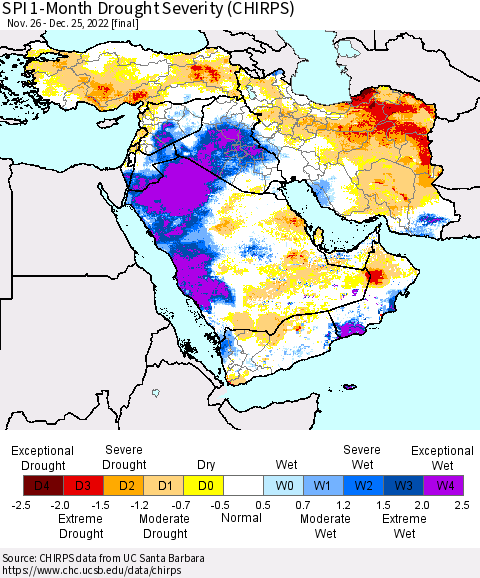 Middle East and Turkey SPI 1-Month Drought Severity (CHIRPS) Thematic Map For 11/26/2022 - 12/25/2022