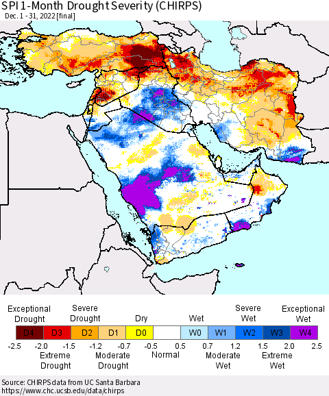 Middle East and Turkey SPI 1-Month Drought Severity (CHIRPS) Thematic Map For 12/1/2022 - 12/31/2022