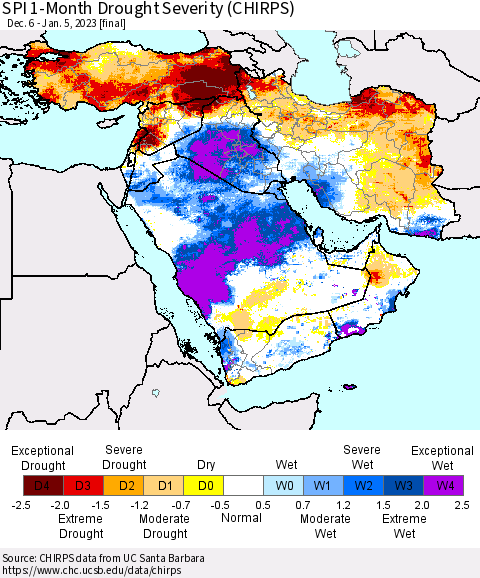 Middle East and Turkey SPI 1-Month Drought Severity (CHIRPS) Thematic Map For 12/6/2022 - 1/5/2023