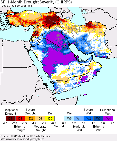 Middle East and Turkey SPI 1-Month Drought Severity (CHIRPS) Thematic Map For 12/11/2022 - 1/10/2023