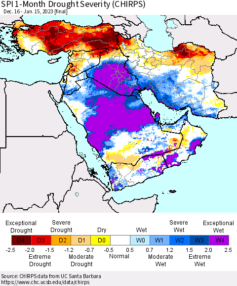 Middle East and Turkey SPI 1-Month Drought Severity (CHIRPS) Thematic Map For 12/16/2022 - 1/15/2023