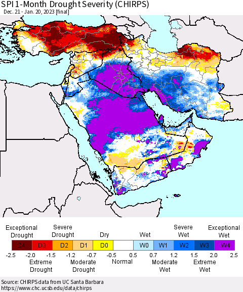 Middle East and Turkey SPI 1-Month Drought Severity (CHIRPS) Thematic Map For 12/21/2022 - 1/20/2023
